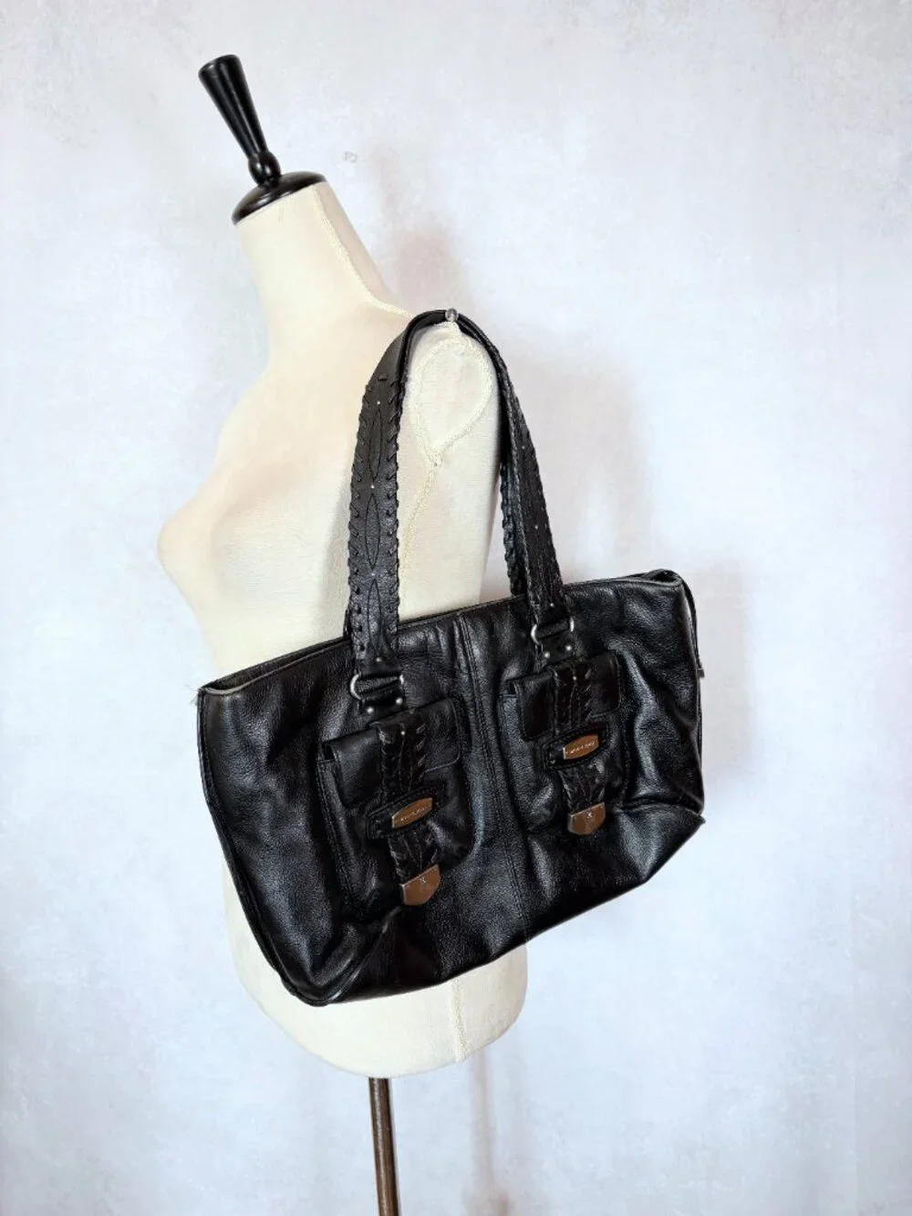Michael Kors Leather Tote Bag Stitch Detail Top Handle Black Vintage Large